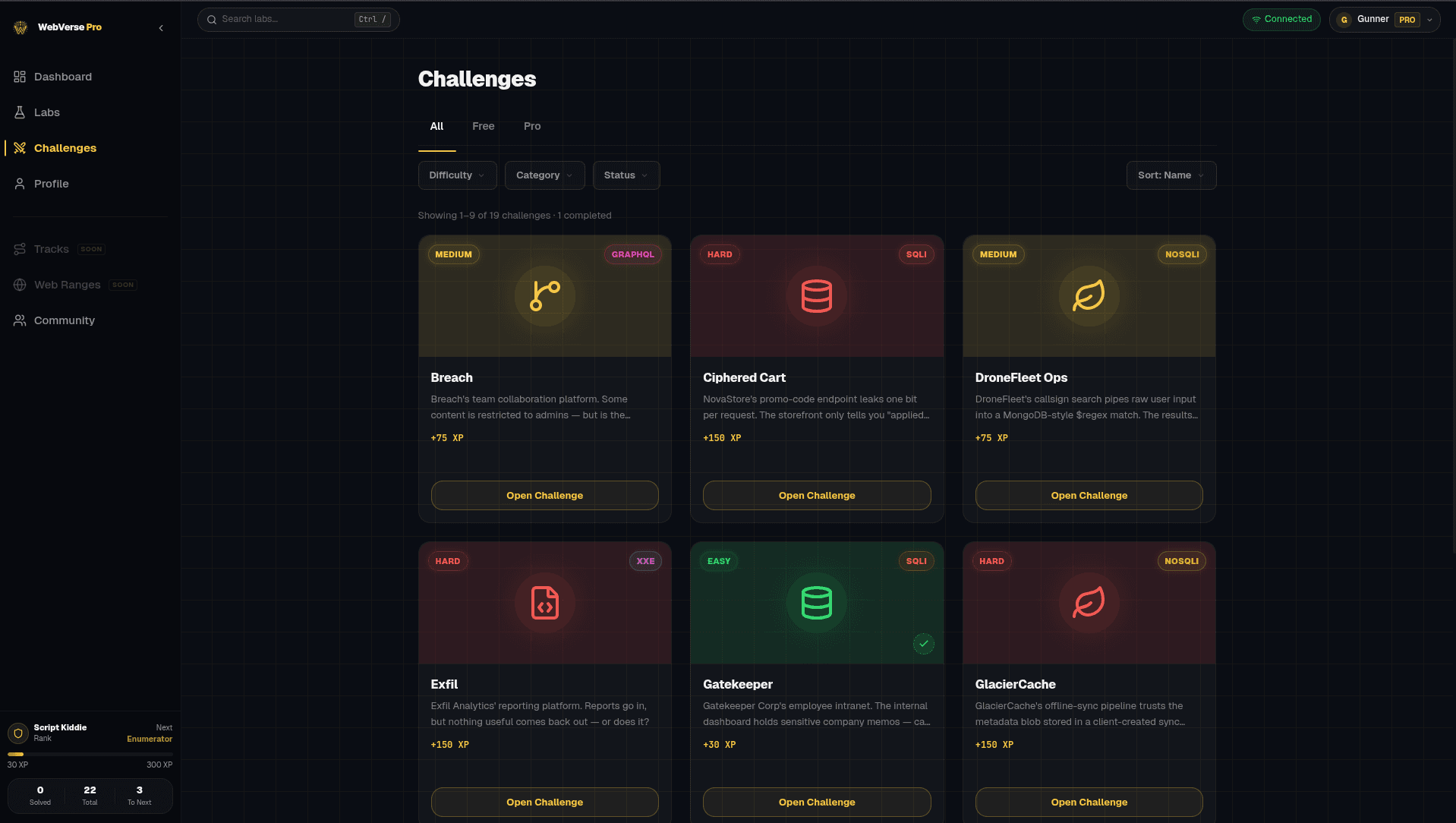 WebVerse Pro challenges browse page with category dropdown and challenge cards grid