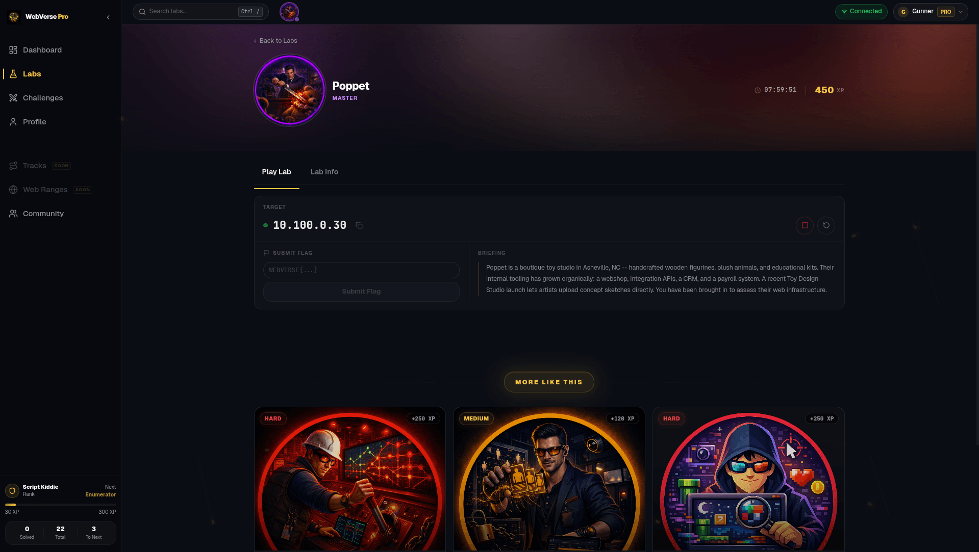 WebVerse Pro lab detail page with scenario, skills, and architecture sections